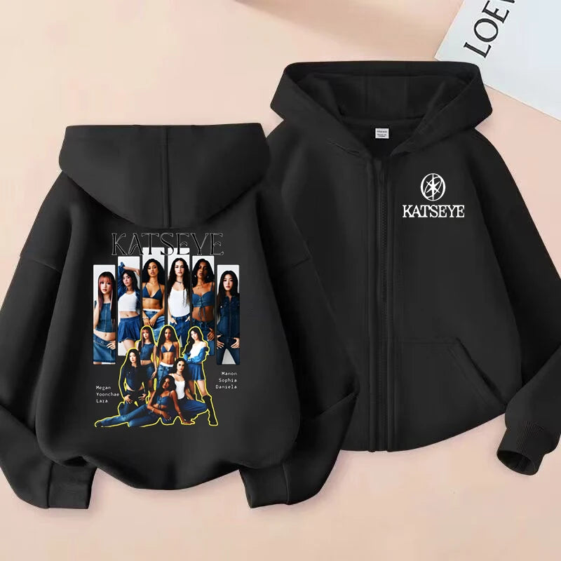 Kids Zip Up Sweatshirts Kpop Katseye Print Hoodie Children Clothes Kids Casual Tops Girl Boy Sweatshirt Zipper Hoody Streetwear
