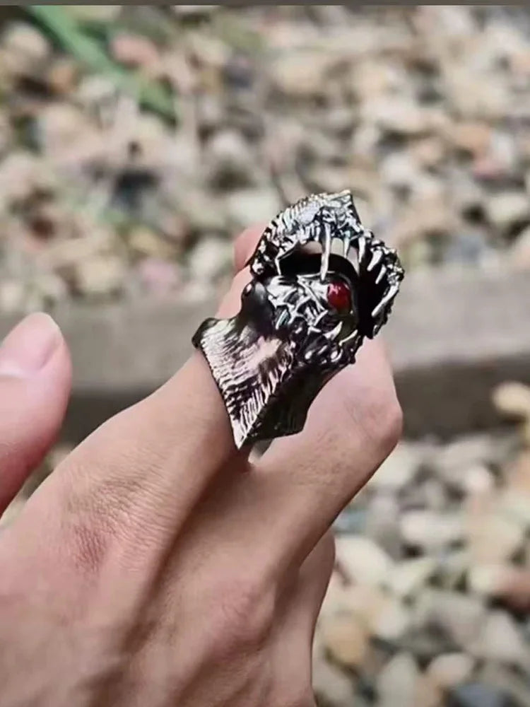 Jewelry Accessories Men Women Copper Material Demon Teeth Gothic Ring, Bold Statement Armor Style, Red Stone Eye, Textured Surfa