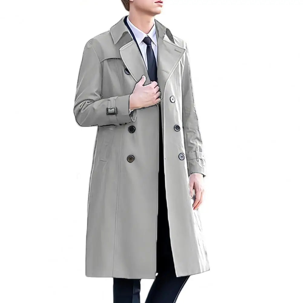 Men Windbreaker Coat Lapel Long Sleeve Double Breasted Mid-Length Trench Solid Color Casual Business Outerwear