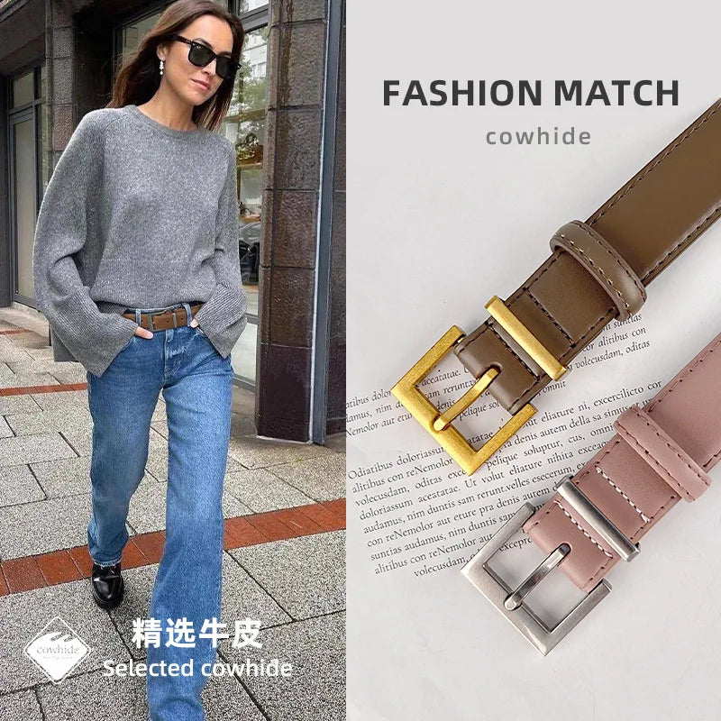 New Waist Belts for Women Plain Real Leather Jeans Belts Strap Blue Pink Khaki Cowhide Waistbands Ladies Daily Dress Decoration