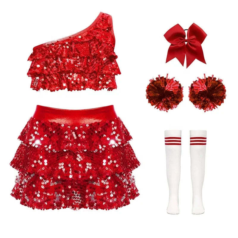 4-16 Kids Girls Cheerleading Performance Outfit Crop Top With Skirted Shorts Culottes Party Competition Dance Class Theme Party