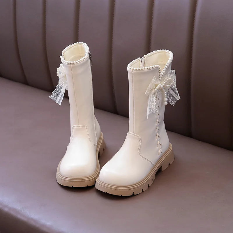 Girls Fashion Padded High Boots 3-18 Years Old Beige Bow Children's Cotton Shoes Versatile Non-slip Girls Short Leather Boots