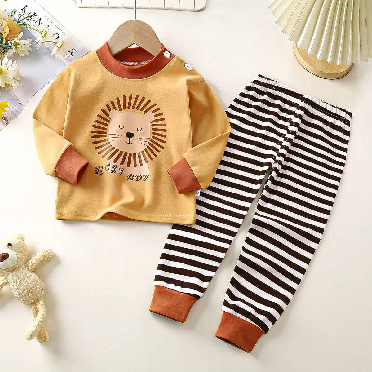 Boys Girls Autumn Pure Cotton Pajamas Kids Cartoon Print Long Sleeve T-Shirt Tops + Pants Pyjamas Baby Underwear Clothing Sets
