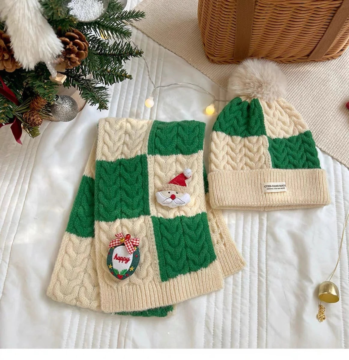 Kids' Christmas Knitted Wool 2in1 Scarf & Beanie Set - Winter Warm, Festive Decor, Unisex