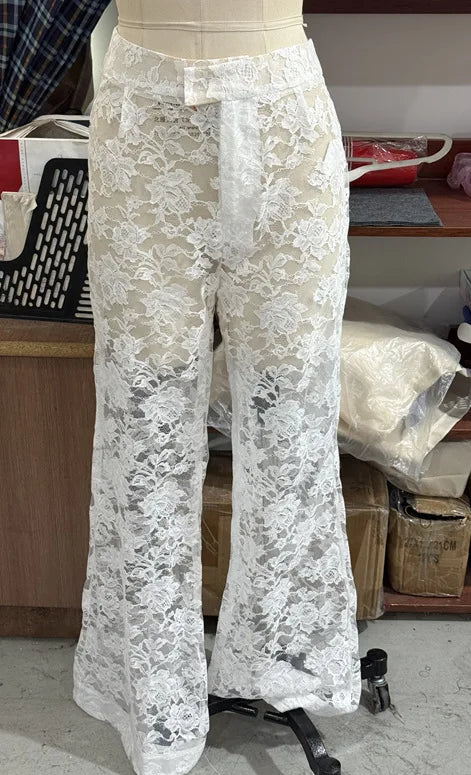 White Lace Embroidery Pant Suit Women Stand Neck Sleeveless Hollow-out Waist Cinching See Through Set Lady Summer Sheer Outfit