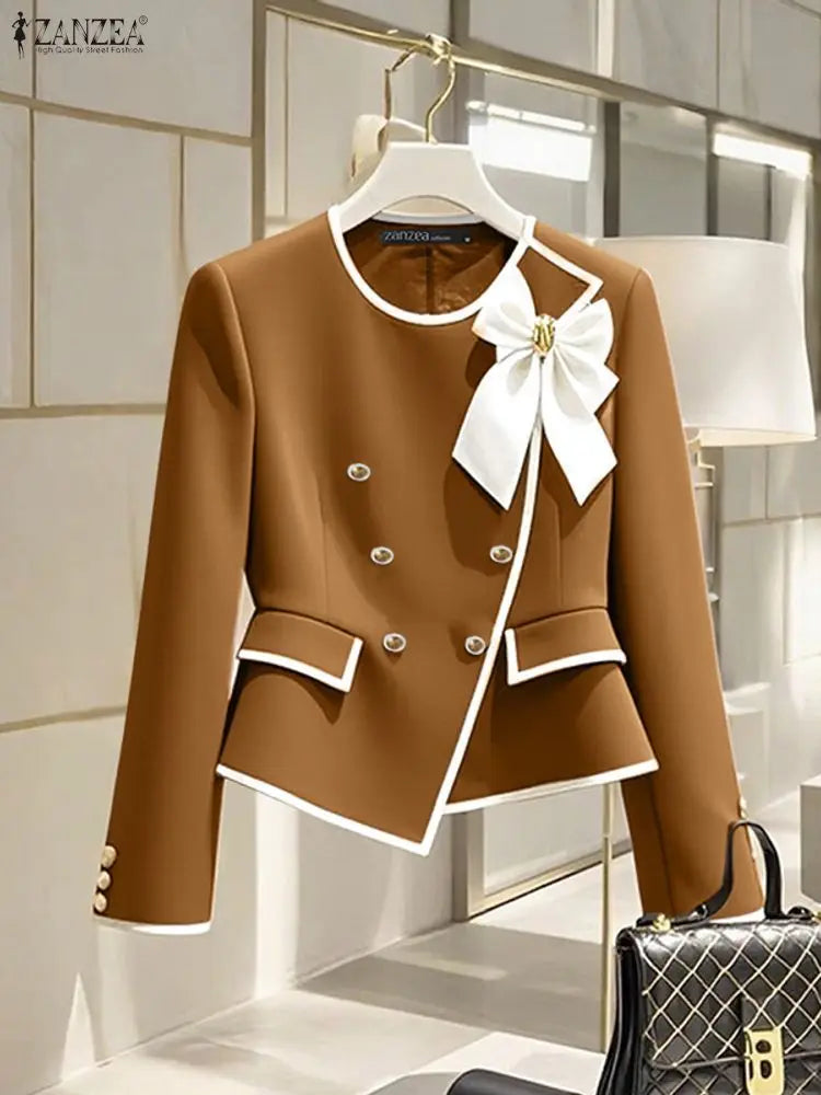 ZANZEA Elegant Blazer Autumn Double Breasted Long Sleeve Coats Women Fashion Bow Office Outerwear 2025 Casual Street Jackerts