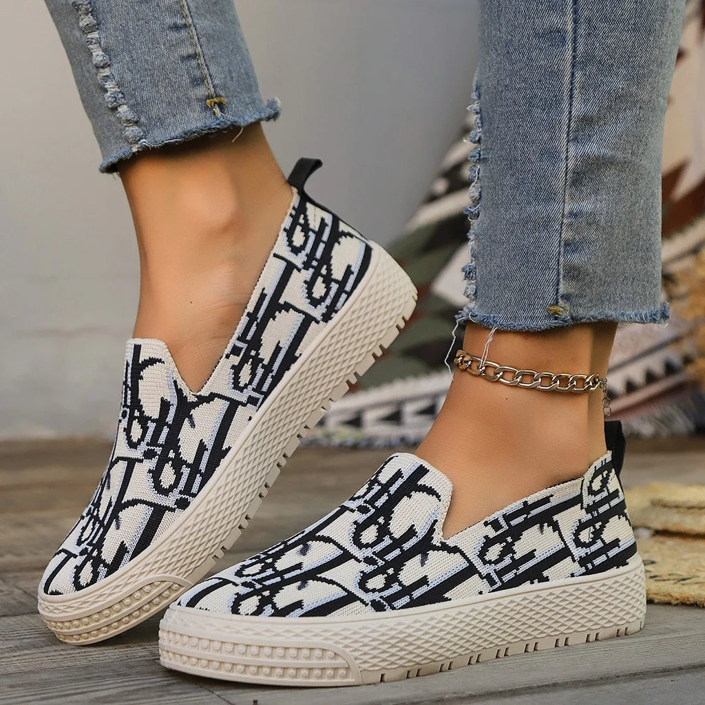 Graffiti Loafers Women's 2025 Spring  Knitted Deep Mouth Fashion Easiest for Match Casual Plaid Breathable Sneakers  Shoes