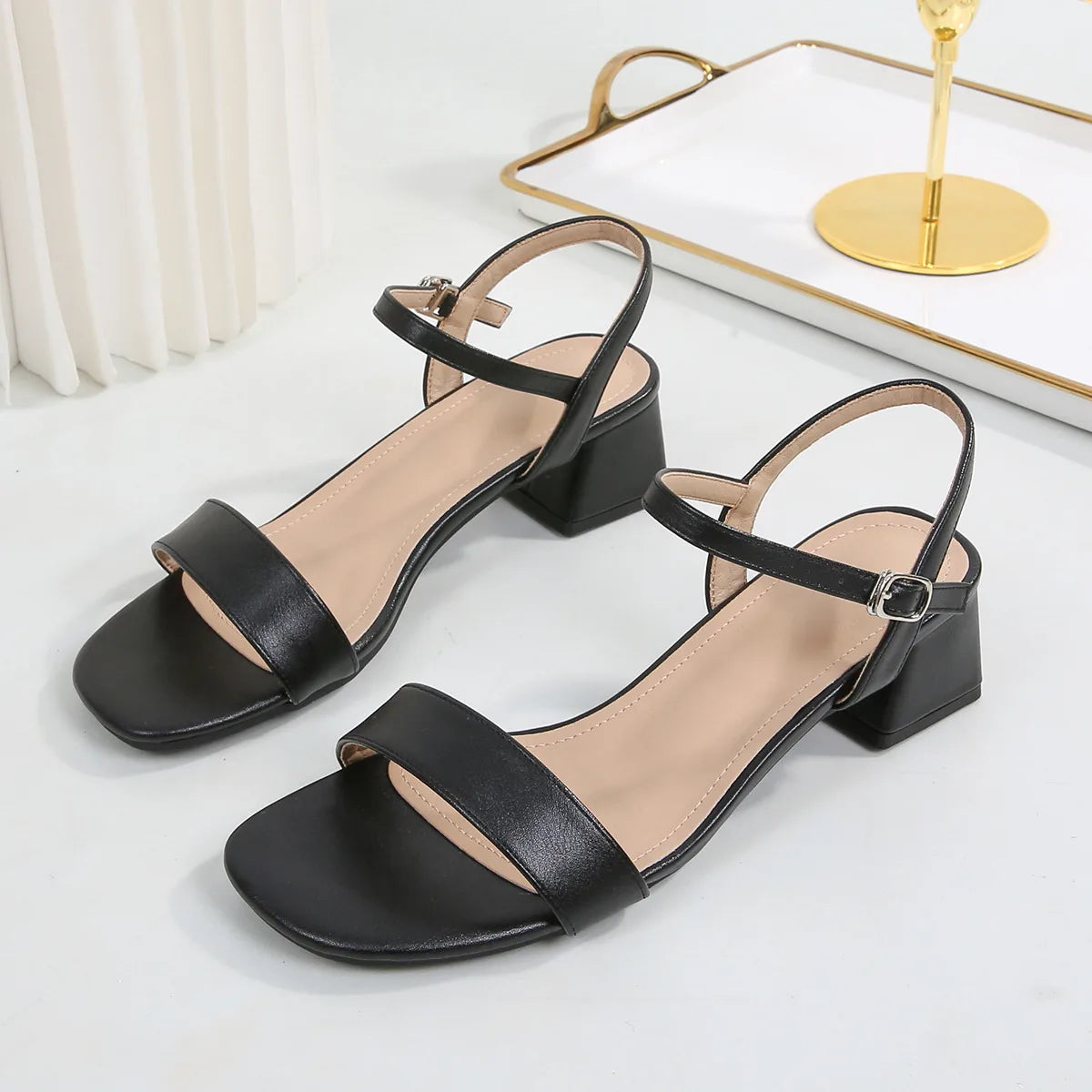 Sandals for Women Summer Fashion Soft Leather Chunky Sandals Round Head Open Anti-slip Wear-resistant High Heels Plus Size 44