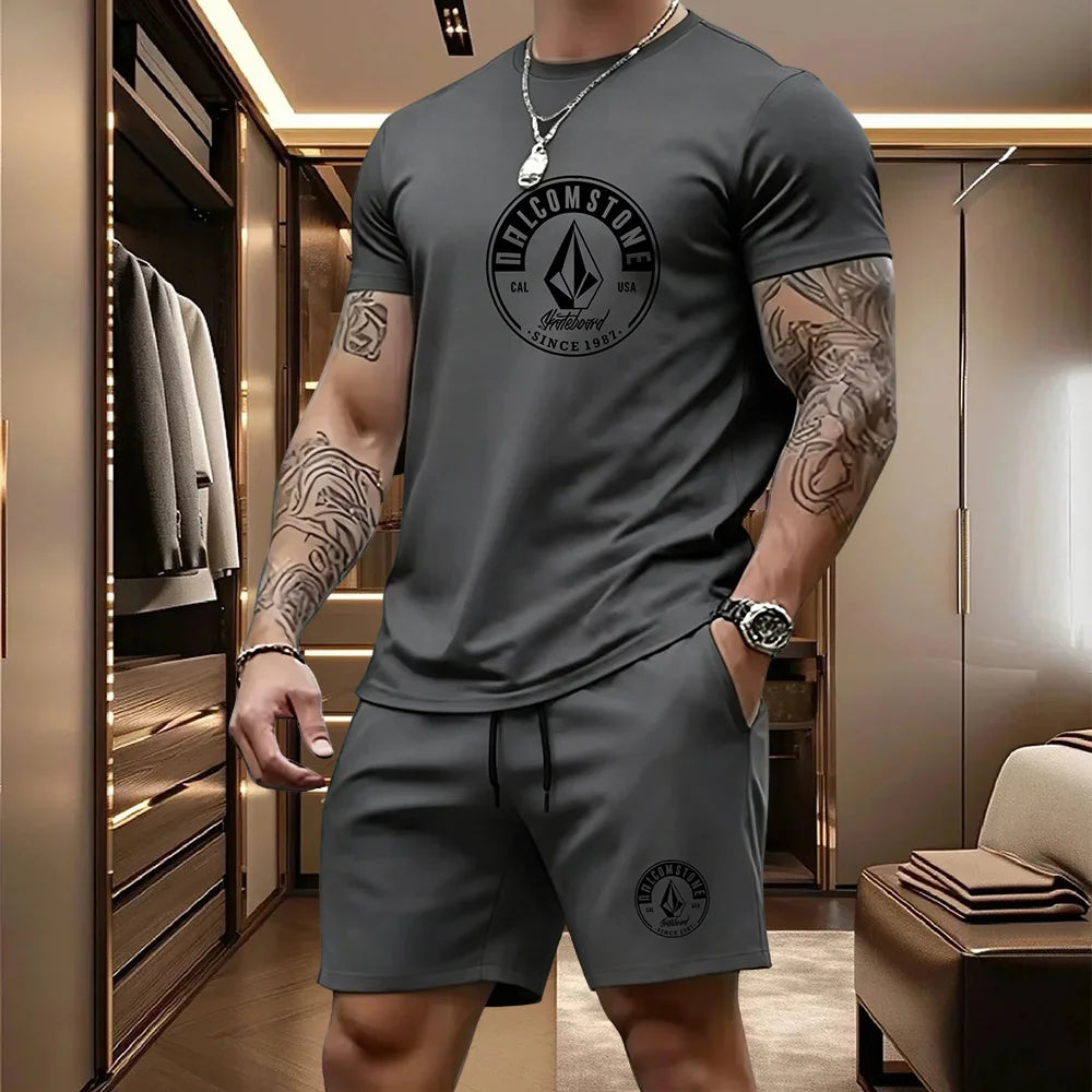 Men's Casual Sportswear 2-piece Set Classic Short Sleeved T-shirt+drawstring Pocket Shorts Street Skateboarding Outdoor Outfit
