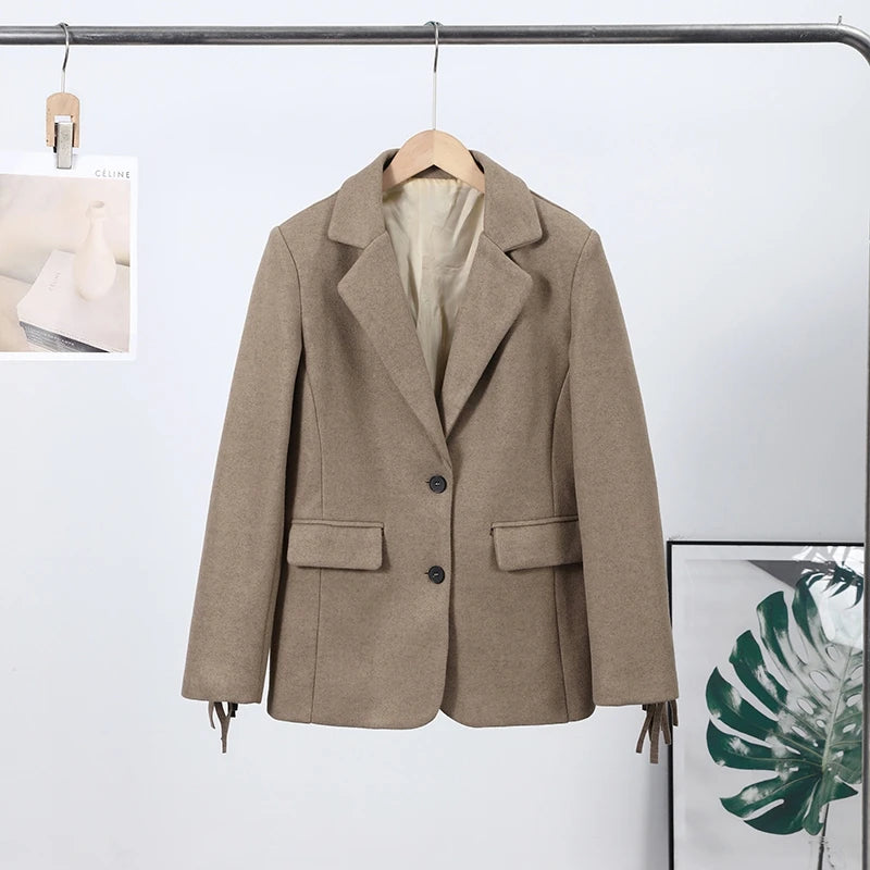 Chic Women's Blazer Turn down Collar Full Sleeve Tassel Solid Female Blazers 2025 Autumn Elegant Fashion High Street Lady Coat