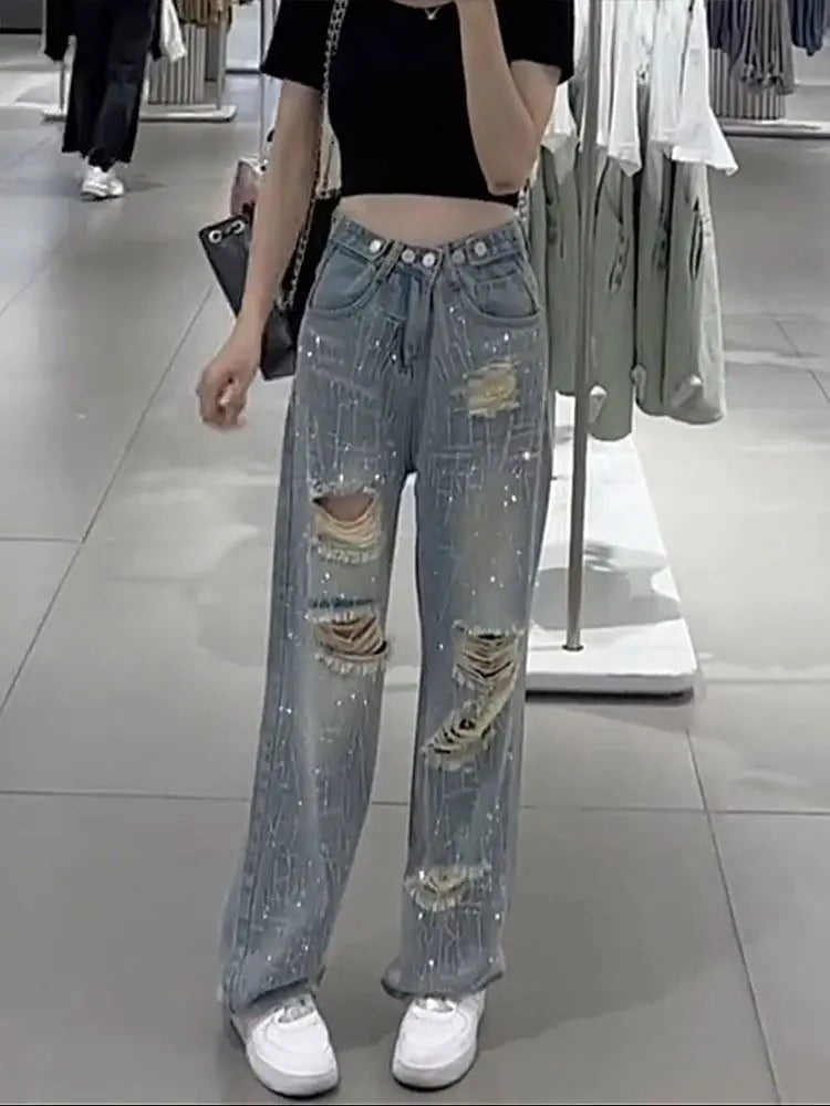 Female Cowboy Pants with Rhinestones Women's Torn Jeans High Waist Shot Wide Leg Trousers Summer Unique Shiny Original Pant 90s