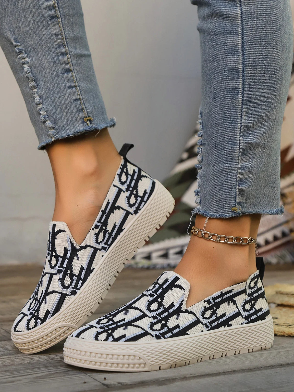 Graffiti Loafers Women's 2025 Spring  Knitted Deep Mouth Fashion Easiest for Match Casual Plaid Breathable Sneakers  Shoes
