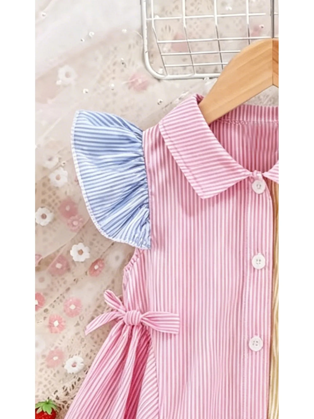 Children's Striped Color-Block Dress Baby Collar Sleeveless Ruffle Edge Single-Breasted Knee-Length Clothing for Kids