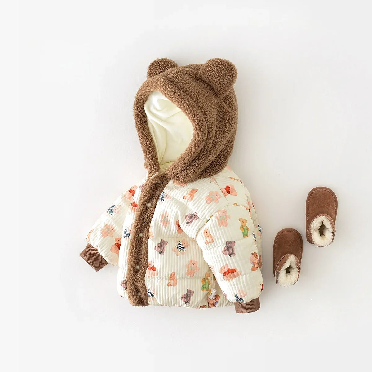 Winter Children Coat 0-3Y Boys Girls Cute Bear Printed Jacket Warm Fleece lined Kids Outerwear