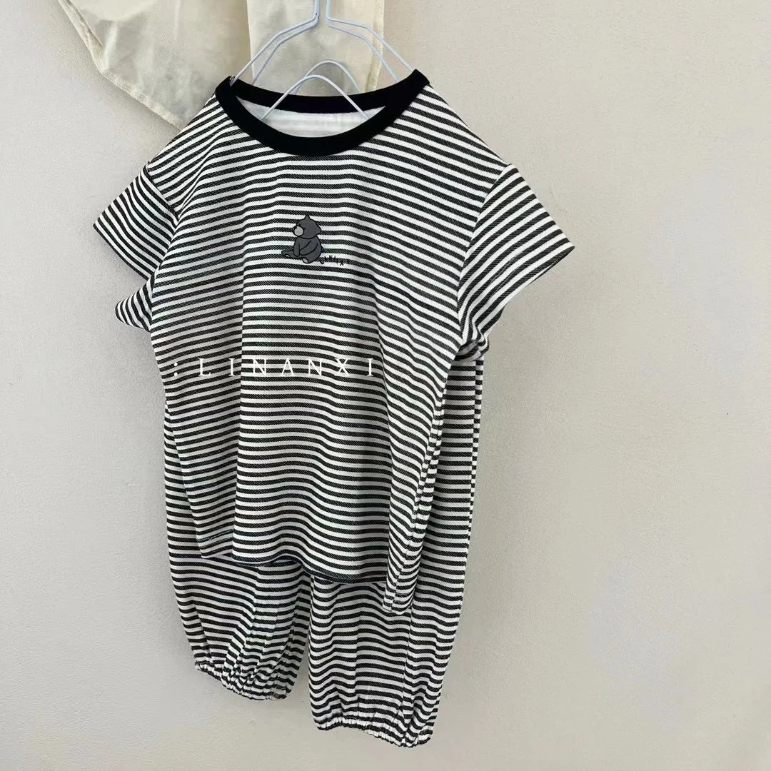 2025 Summer Kids Pajama Sets Home Wear Clothes Children's New Pajamas Knitted Set Cartoon Print Sleepwear Pajama Set