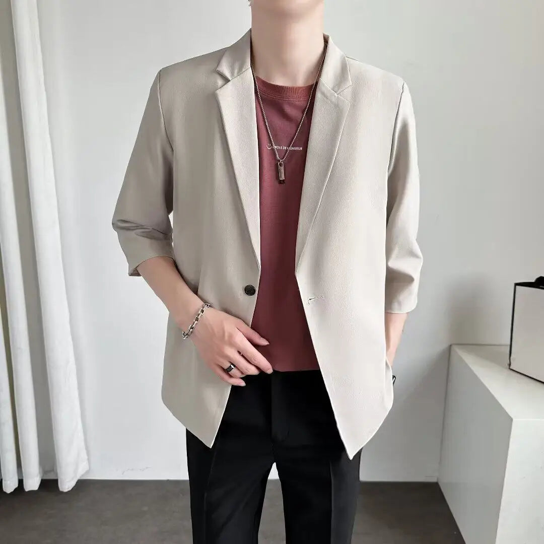 Men's Casual Half Sleeve Suit Jacket Polyester Fiber Breathable round Hemline Single Button Closure Standard Fit Adult Wear