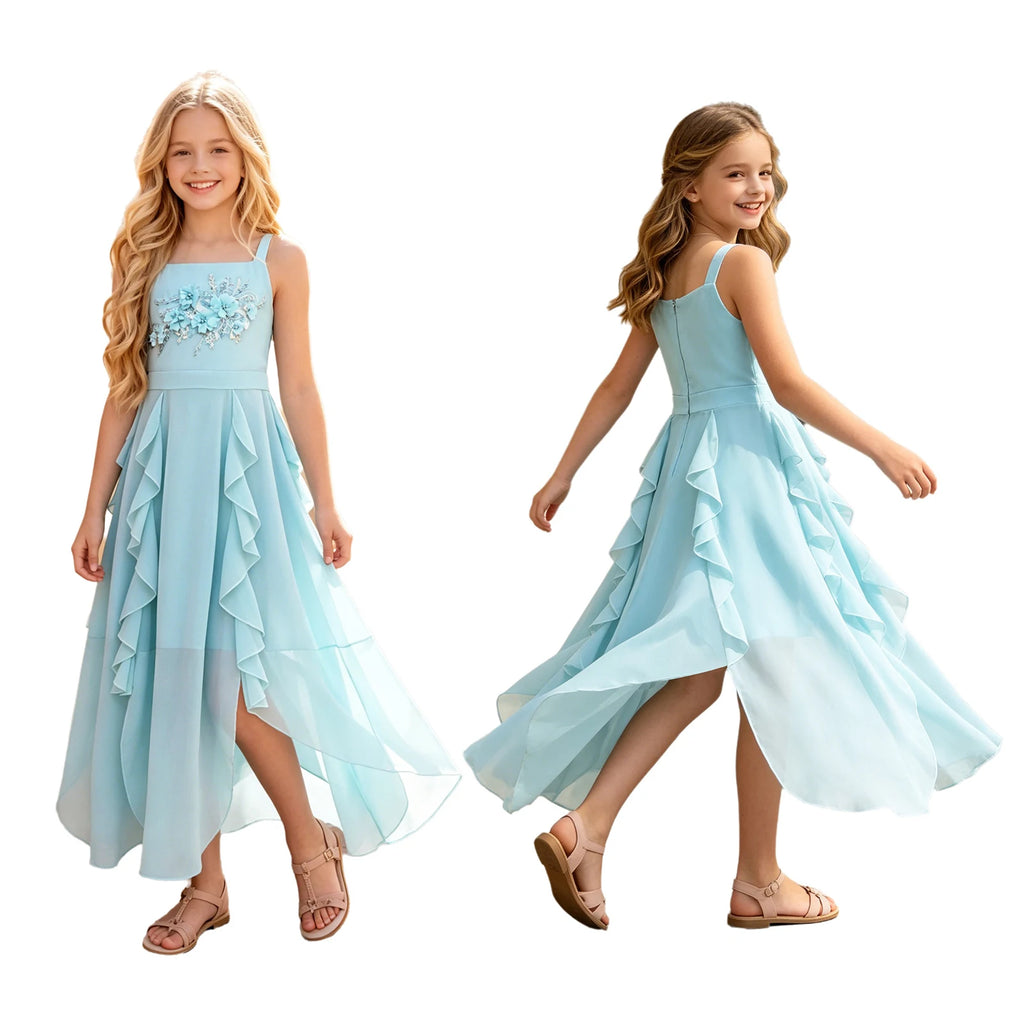 Kids Girls Elegant Chiffon Party Dress Gown Embroidery Applique Ruffled Flowy Sling Dress for Pageant Birthday Wedding Evening