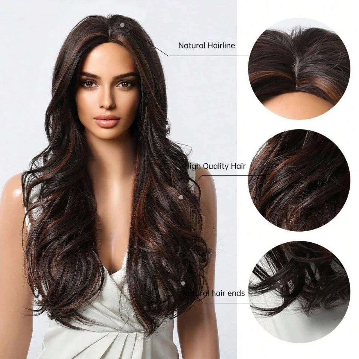 Long Curly Wavy Brown Wigs Highlights Brown Hair Synthetic Wigs For Women Daily Middle Part Natural Looking Wig High Temperature