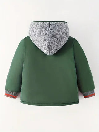 Boys Army Green Thick Padded Jacket Kids Contrast Knit Hood Zipper Warm Winter Outerwear