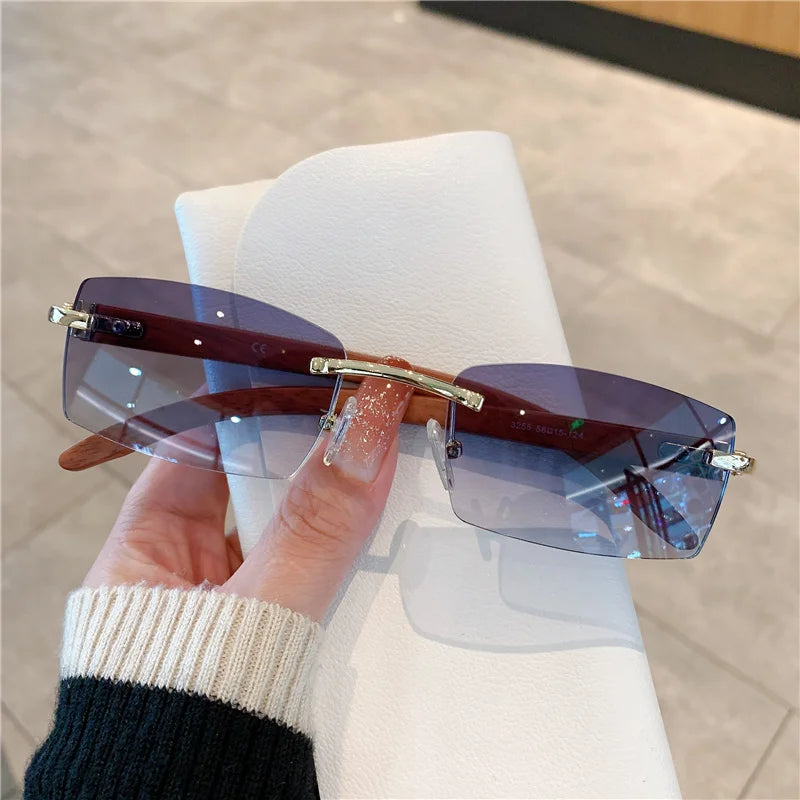 Rimless Sunglasses For Men Women Wooden Designer Luxury Brand Retro Sun Glasses Fashion Shades UV400 Travel Outdoor