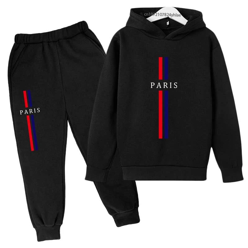 Kids Autumn Spring Casual Paris Print 2pcs Hoodie+Pants Tracksuits 2-13Years Boys Girls Fashion Streetwear Children Clothes Sets