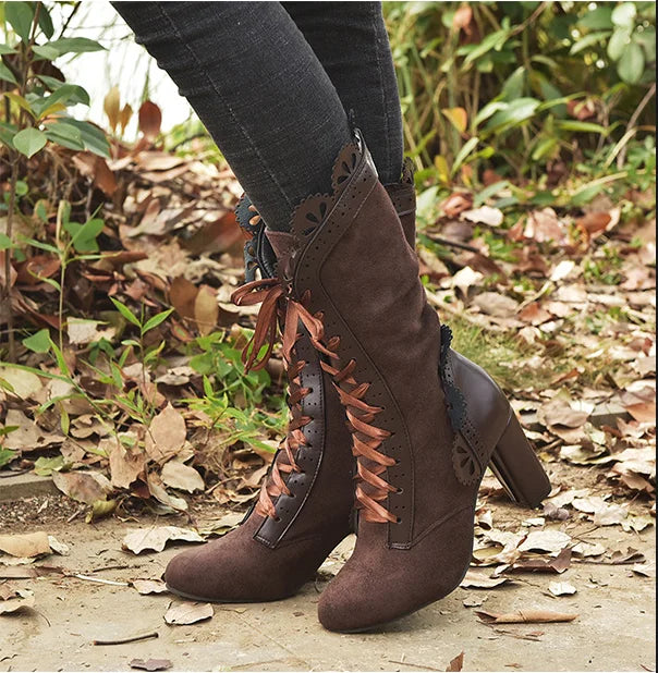 Women's Boots High Heel Boots Women Steampunk Women Sexy Leather Suede Boots Autumn Vintage Winter Shoes Lace Up