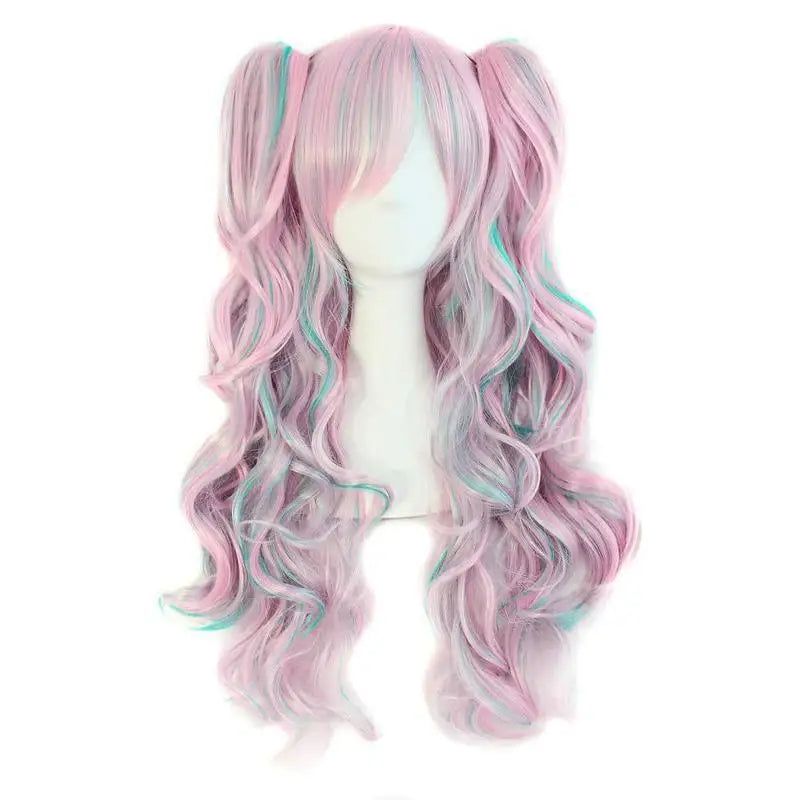 Long Wavy Anime Cosplay Lolita Wig Blue Blonde Pink Ombre Two Ponytails Girls Kawaii Anime Accessories Wigs for Women