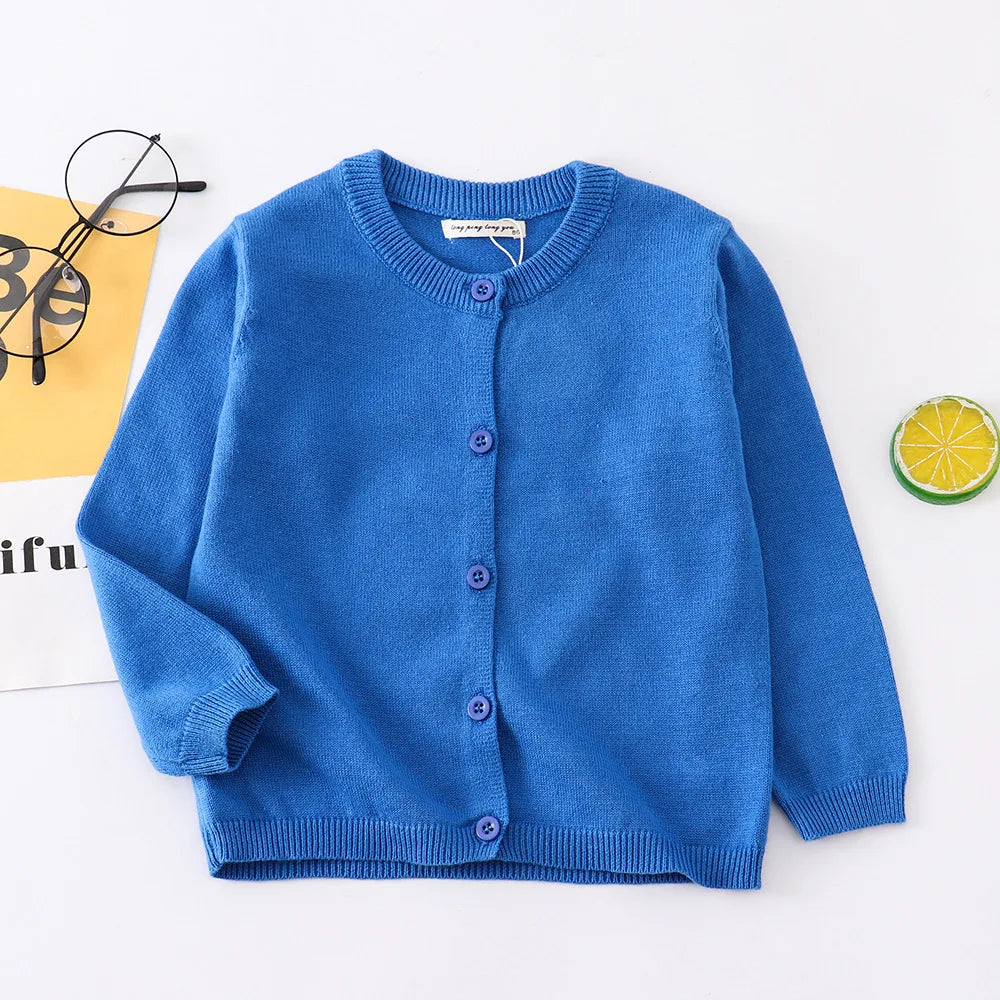 Spring Autumn New Boys Girls Sweater Solid Color Round Neck Single Breasted Design Knitted Coat For 1-8 Years Old Kids