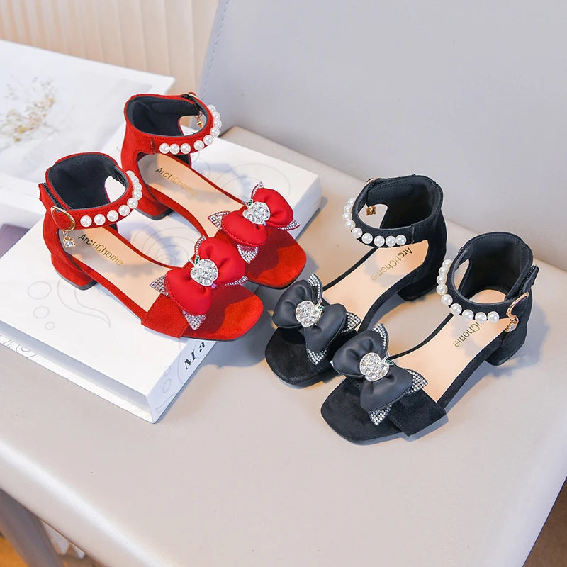 Little Girls High Heels Sandals with Shiny Beaded Bow 2026 New Summer Kids Dress Shoes Comfort Trendy School Dances Shoes Age5-8
