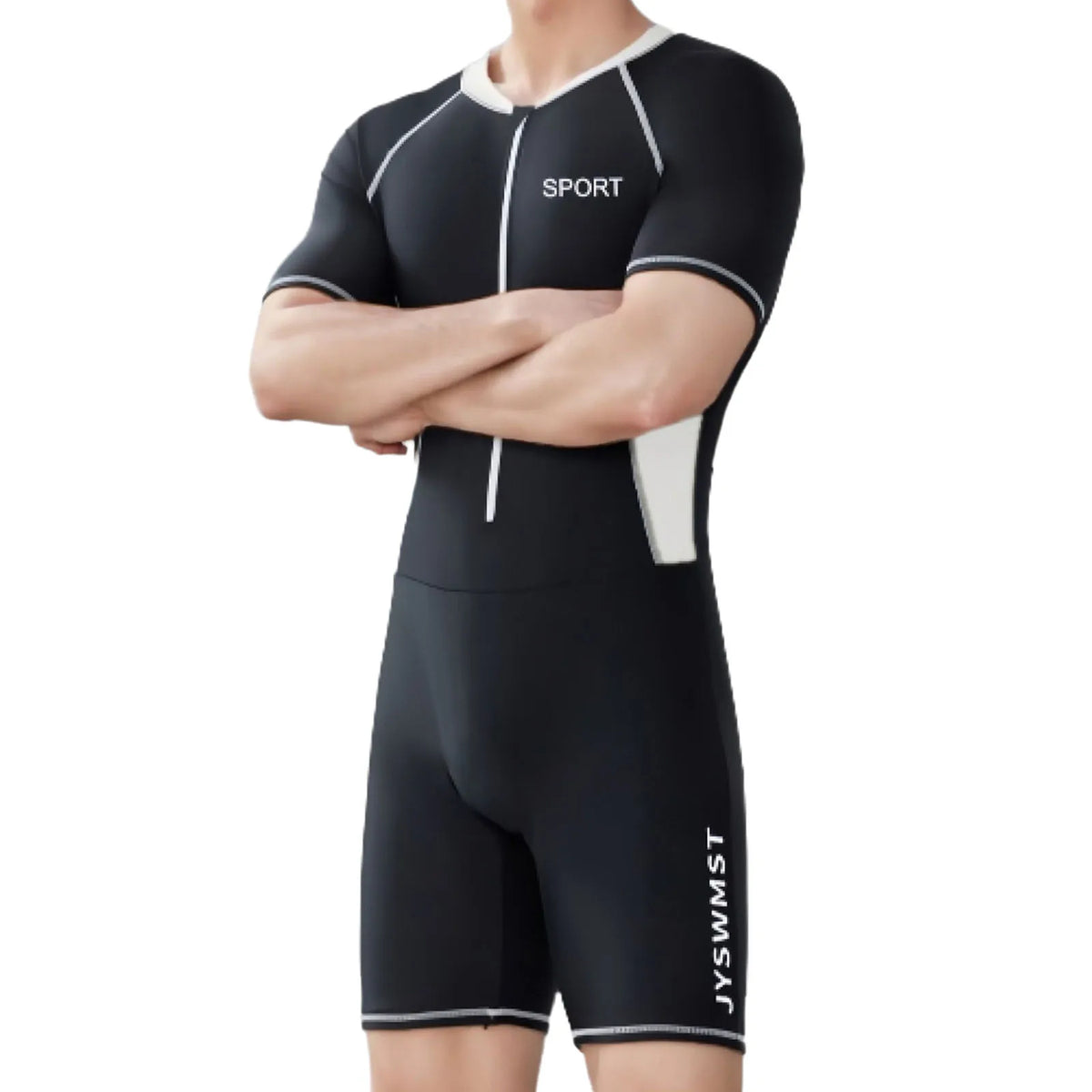 Mens Swim Leotard Summer One-Piece Rash Guard Swimsuit Bathing Suit Beachwear Swimwear Short Sleeve Front Zipper Jumpsuit Romper