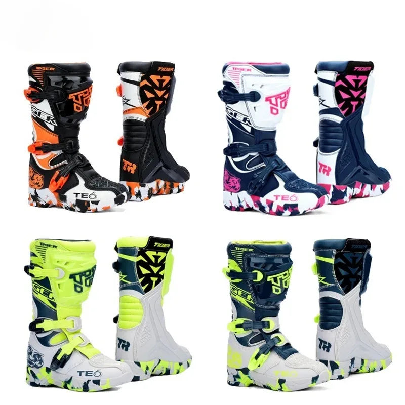 NEW TE006 Kids Motocross Boots Black Off-Road Motorcycle Boot Children Orange Youth Dirt Bike Racing Bota MX Gear for 6-12 Years