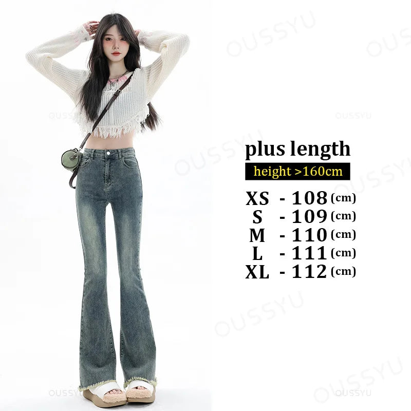 Spring Summer Flared Jeans Women Cotton Vintage Blue Denim Pants Streetwear Elastic High Waist Slim Harajuku Trouser Plus Length