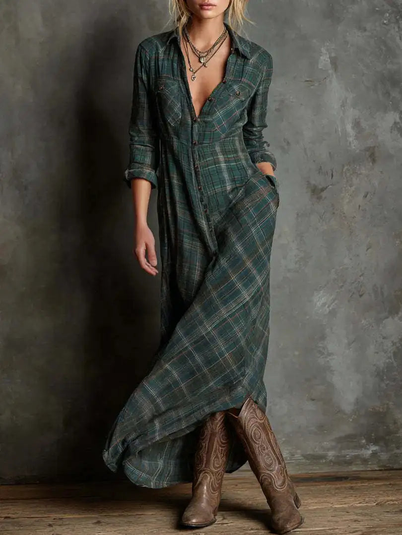 Elegant Long Sleeve Maxi Dresses For Women 2025 Autumn Turn-down Collar Button Loose Party Dress Casual
