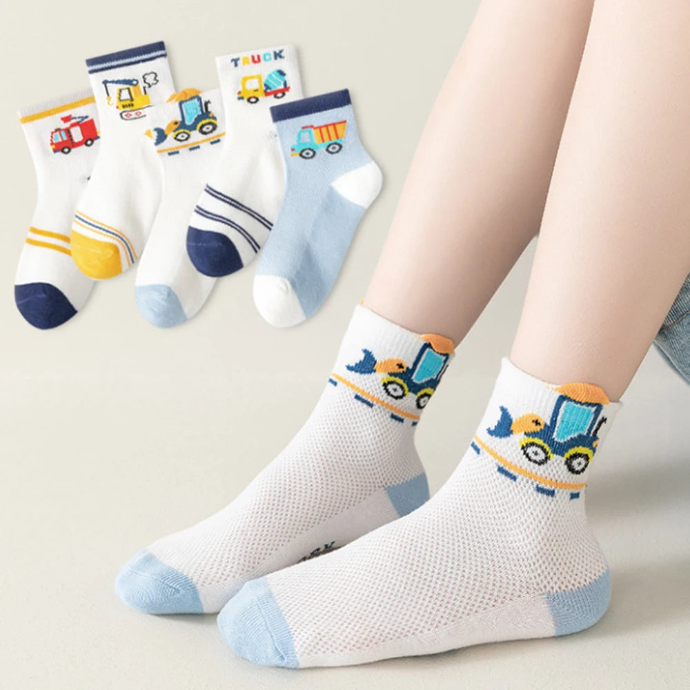 5 pairs of men's children's socks, cartoon construction vehicle mesh breathable short socks, kids' socks