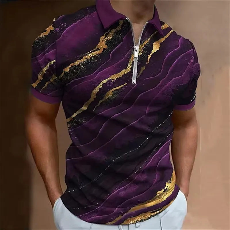 Men's Striped Pattern Polos T-Shirts Summer Short Sleeve 3d Printed Street Male Zippers POLO Tee 6XL Plus Size Casual Tops
