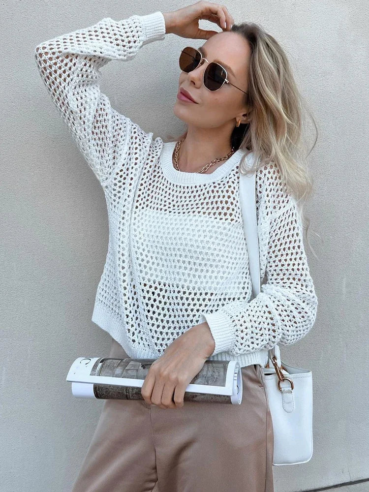 Summer Knitted Sweater Women's Oversize T-shirt Long Sleeve Transparent Vintage Top Loose Pullovers Basic Sexy T-shirt for Women
