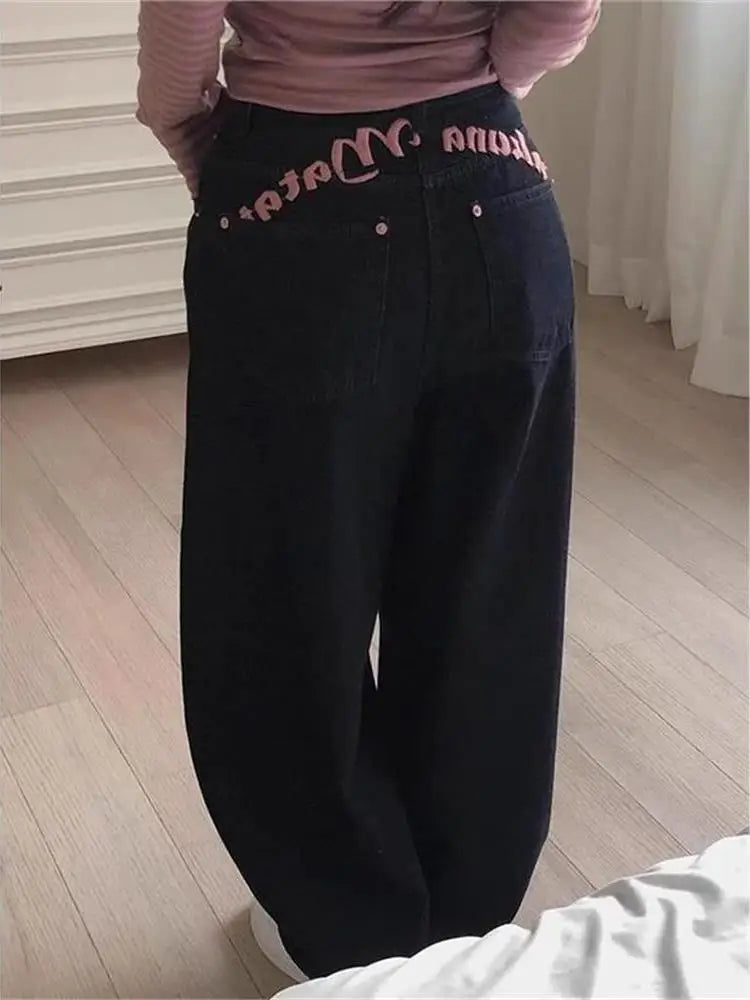 High Waist Bastitch Letter Print Denim Jeans Women's Summer New Sle Sweet Cool Spicy Girl Trendy Long Pants
