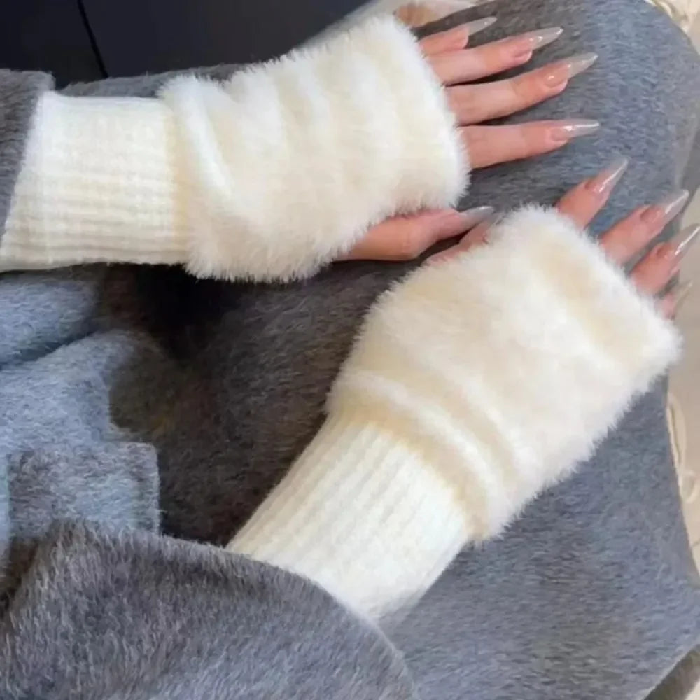 1Pair Warm and Cold-proof Half-finger Gloves for Women in Autumn and Winter, Versatile and Plush, Cute Office Half-finger Gloves