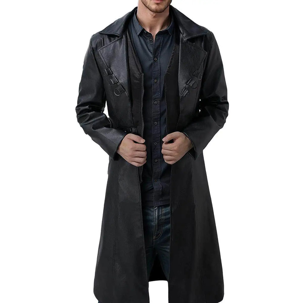 Men Long Pu Leather Coat 2026 Autumn Men Black Pu Jacket Men Clothing Classic Windbreaker Jacket Male Retro Zipper Trench Coat