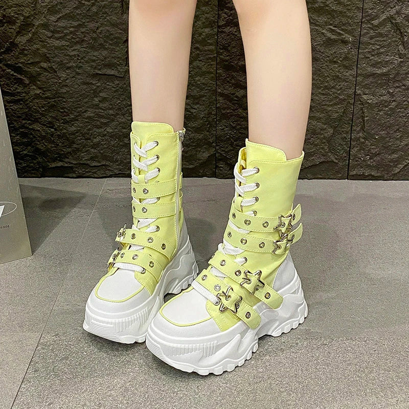 Women's Platform Boots New Round Head Belt Buckle Locomotive Boots European and American Thick-soled Boots for Women Botas Mujer