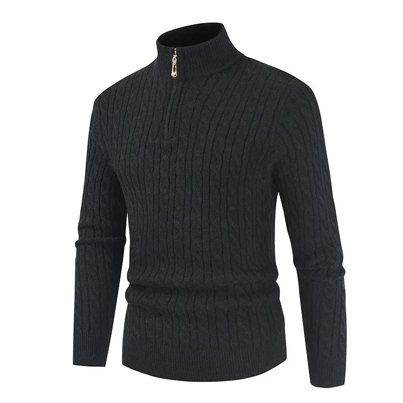 New Men's Warm Knitted Sweaters Standing Neck Zipper Autumn Winter Warm Tops Solid Color Jacquard Long Sleeve Pullovers for Men