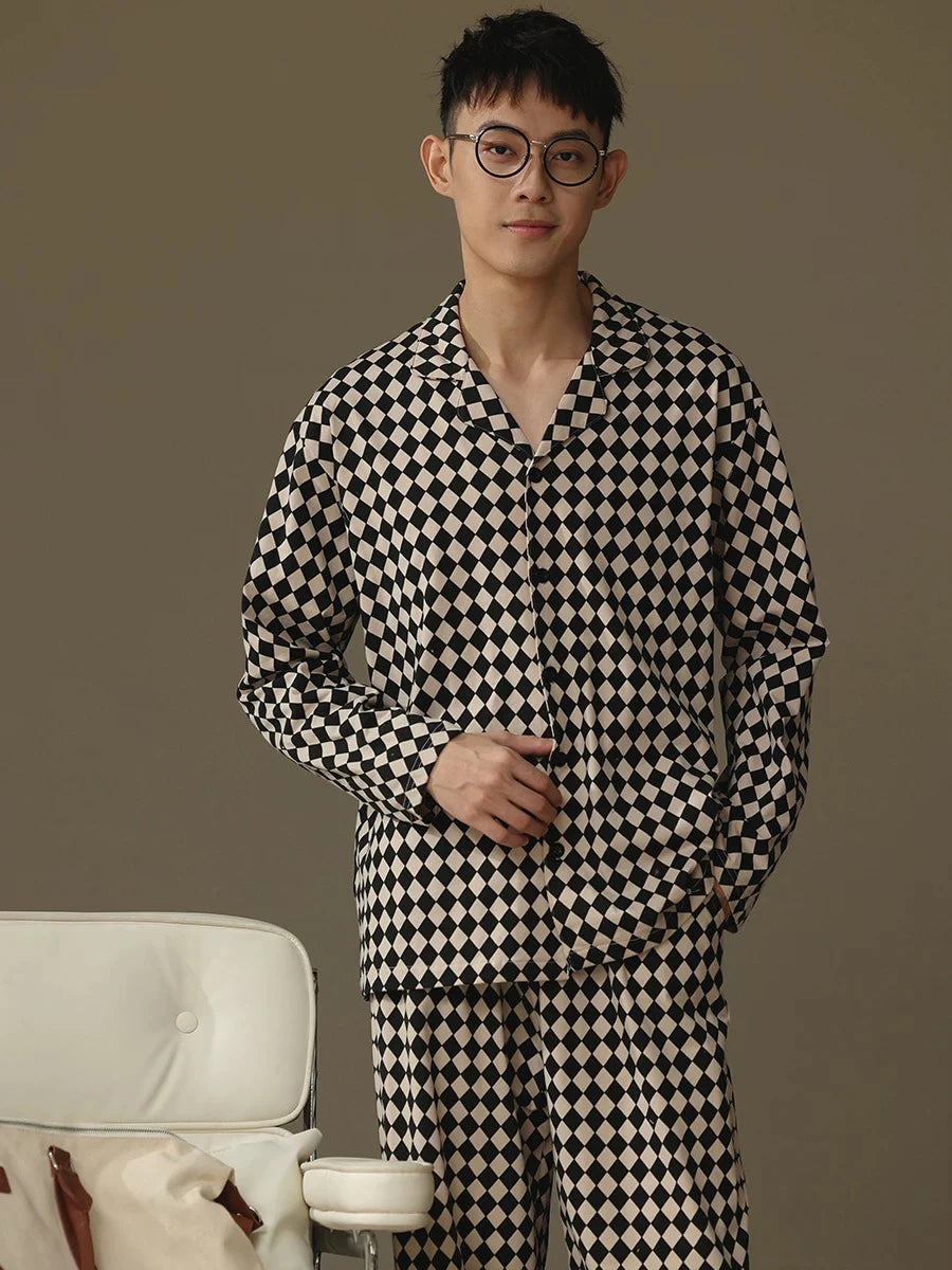 Pajamas for Men, Spring and Autumn Long-Sleeved Cardigans, Home Clothes, Can Be Worn Outside, Autumn and Winter Thin Large Size Two-Piece Set