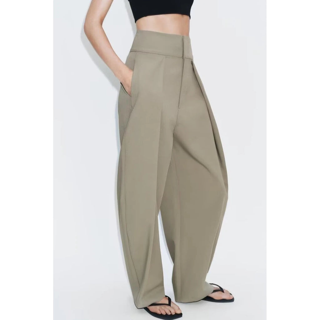 Fashionable Balloon Silhouette Pleated Pants Women's New Arrival Spring Summer Natural Waist Polyester Fiber Casual Trousers
