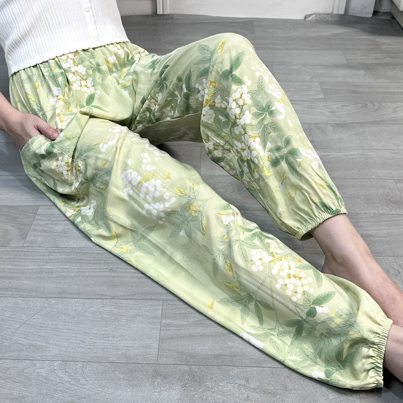 Cool Summer New Silk Cotton Spwear Loose Women's Wide Leg Pants Home Wear Floral Print Heat Resistant Comfortable Casual T...
