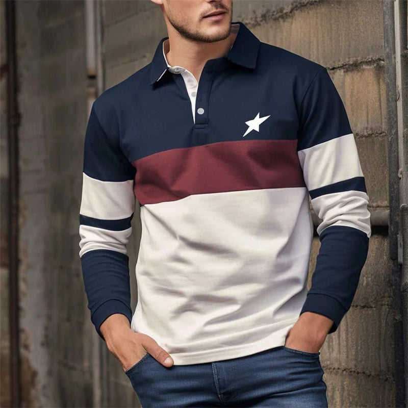 Simple Striped Long Sleeve Polo Shirts For Men Fashion Daily Wear 3D Printed Golf Polo Shirt Casual Oversized Lapel Button Tops