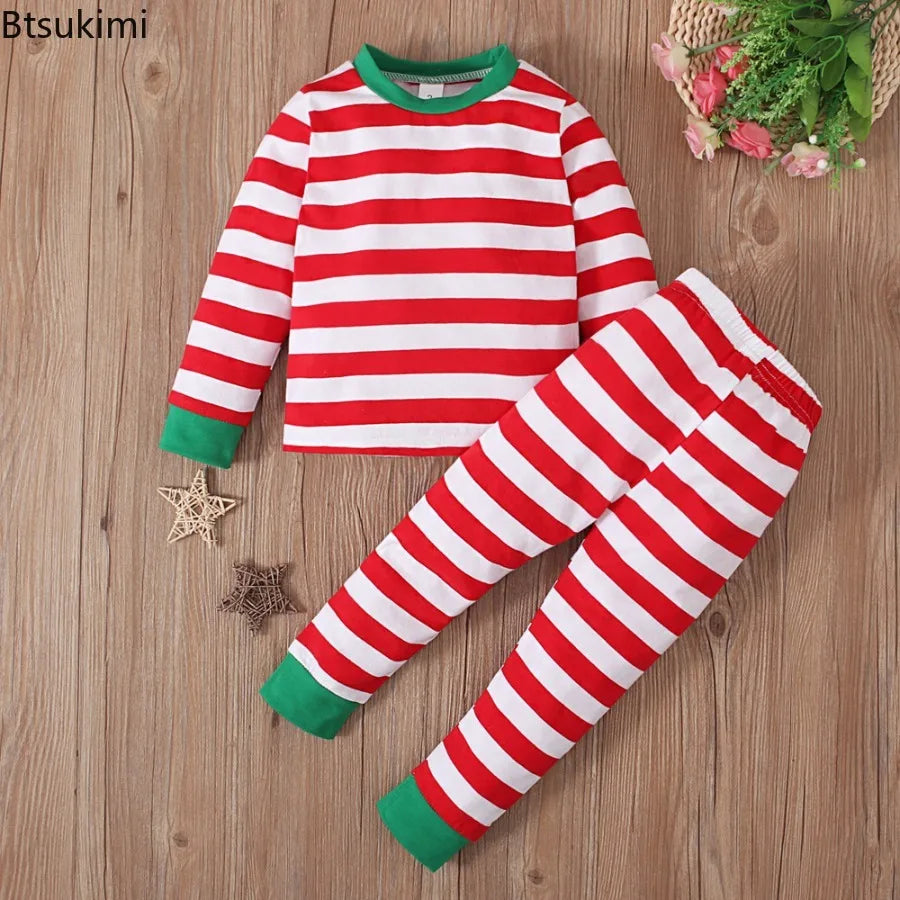 2026 Kids Christmas Cosplay Costume Long Sleeve Pants Pajamas Sets Boys Girls Striped Home Sleepwear 2 Pieces Children Xmas Look