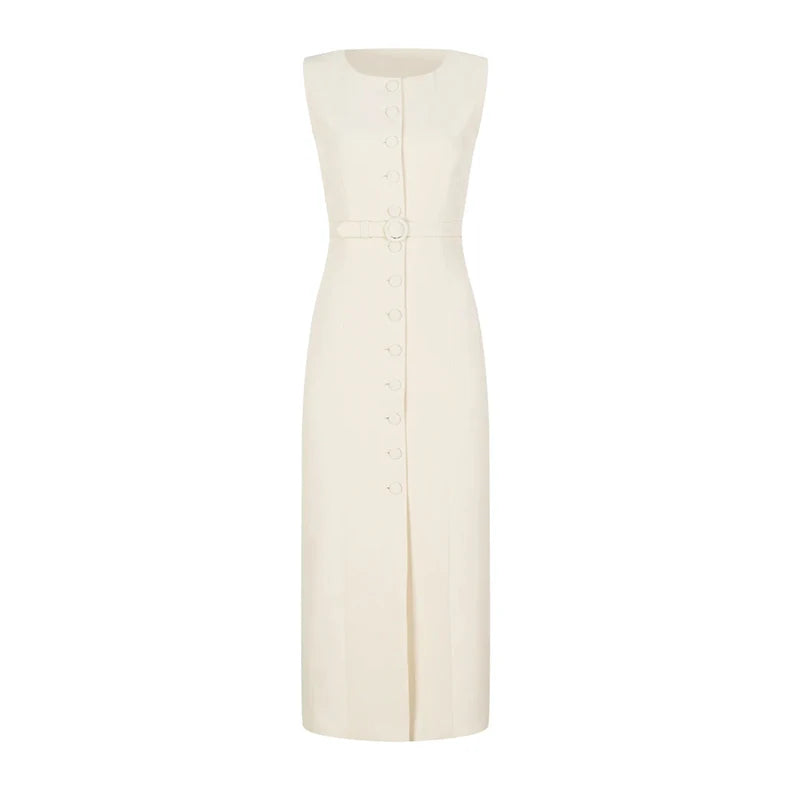 Women Long Dress Summer Casual Simple Solid Sleeveless Round Neck Single Breasted Dresses Nipped Waist Lace Up Robe Office