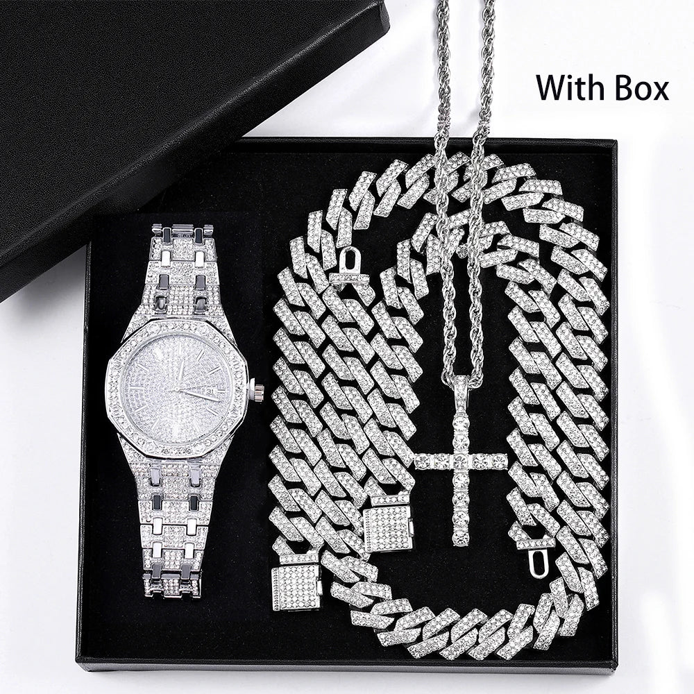 Hip Hop Men's Watch Jewelry Gift Set Glitter Silver Quartz Watch with Cross Pendant Necklace Street Punk Luxury Party Accessory