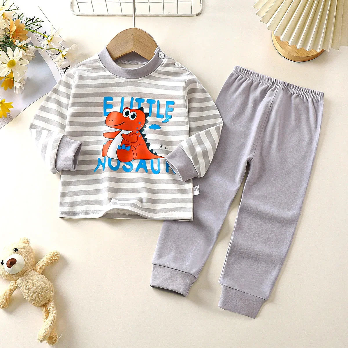Boys Girls Autumn Pure Cotton Pajamas Kids Cartoon Print Long Sleeve T-Shirt Tops + Pants Pyjamas Baby Underwear Clothing Sets