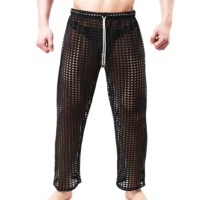 Mens Pajamas Sexy Mesh See Through Long Pants Sleepwear Fishnet Hollow Out Fitness Trousers Sleep Bottoms Sexy Underwear